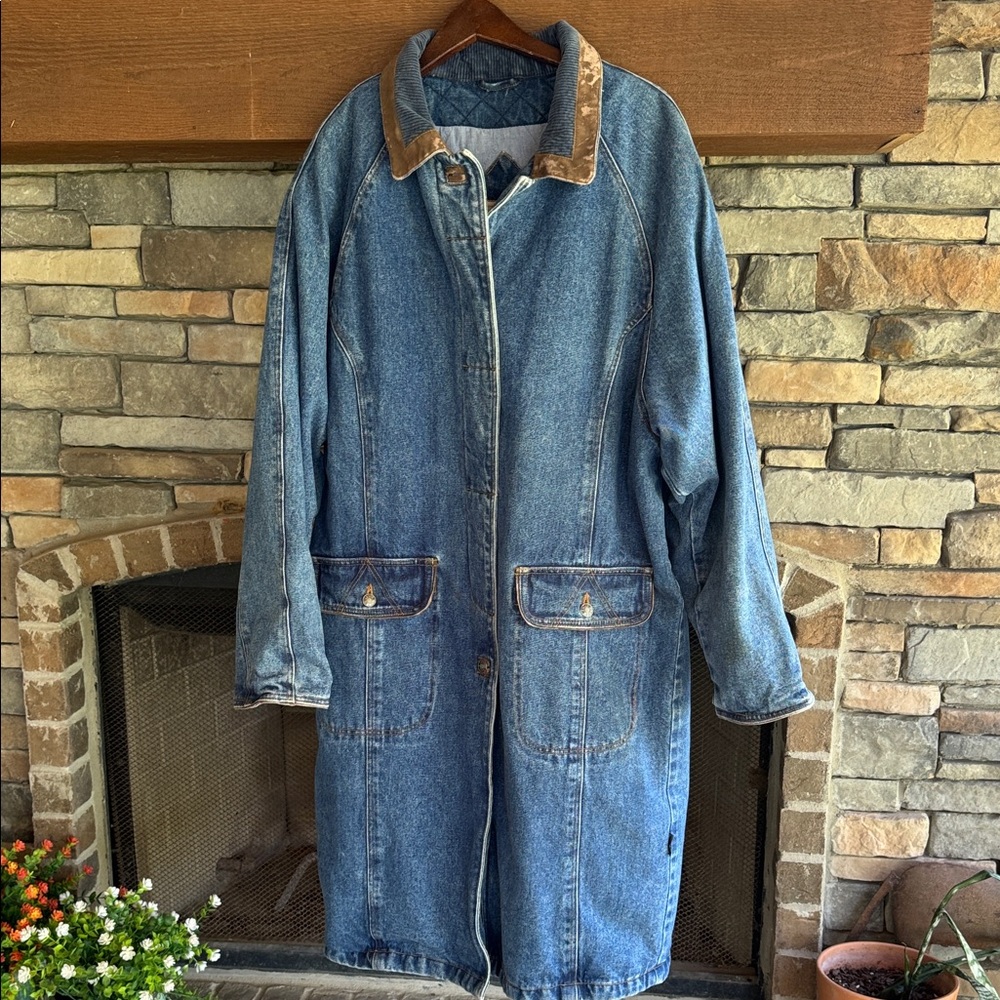 IZZI Vintage Women's Long Blue Denim Coat Duster Corduroy Collar